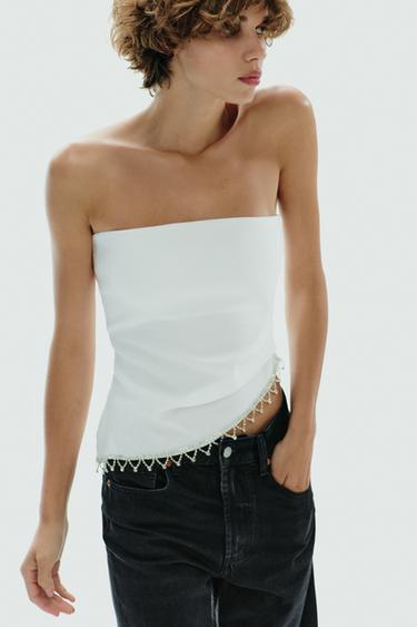 Zara JEWEL STRAPLESS TOP - Oyster-white