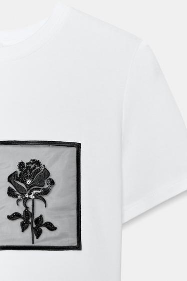 T-SHIRT WITH FLOWER POCKET - White by Zara - Image 6
