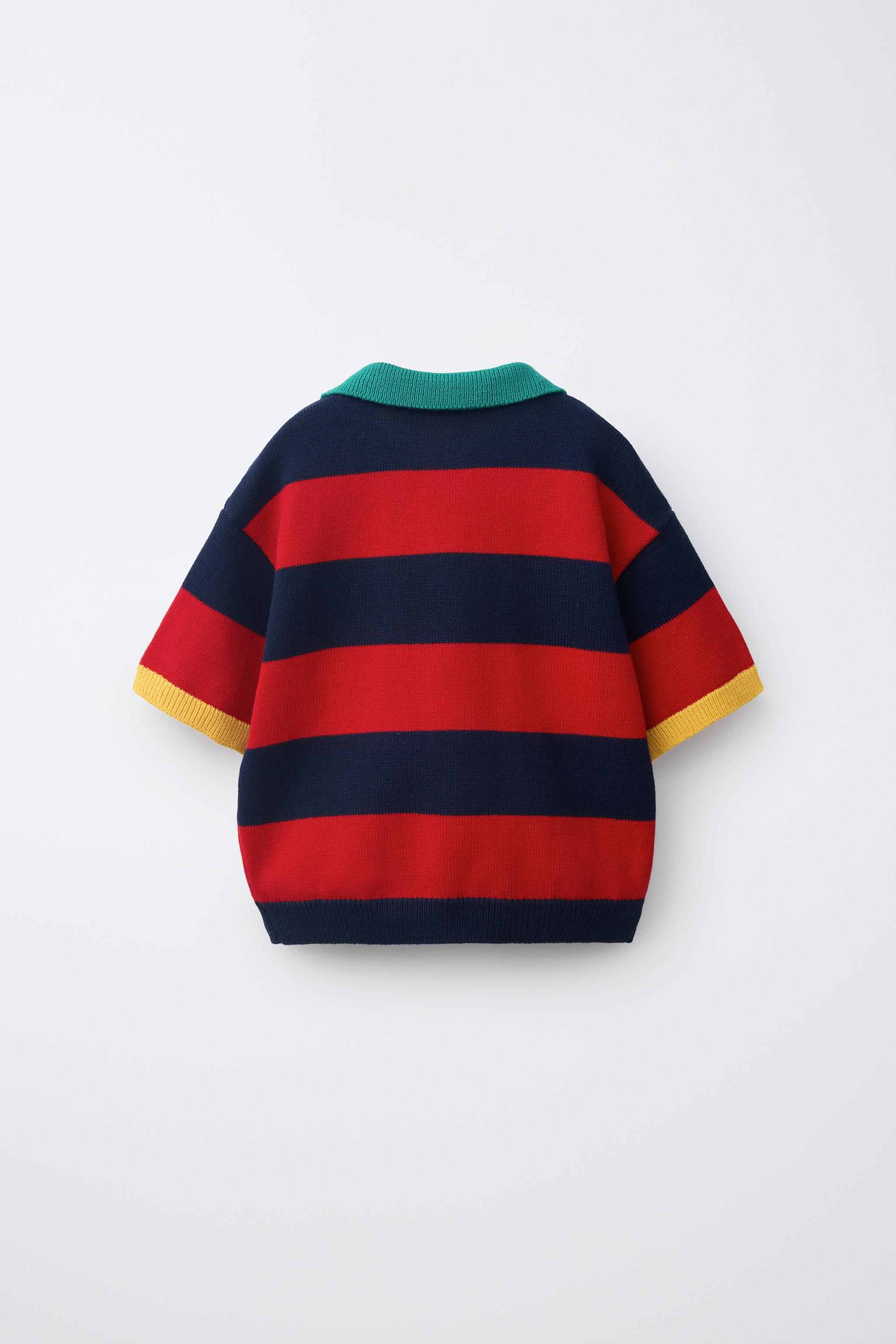 STRIPED KNIT POLO — Red / Navy