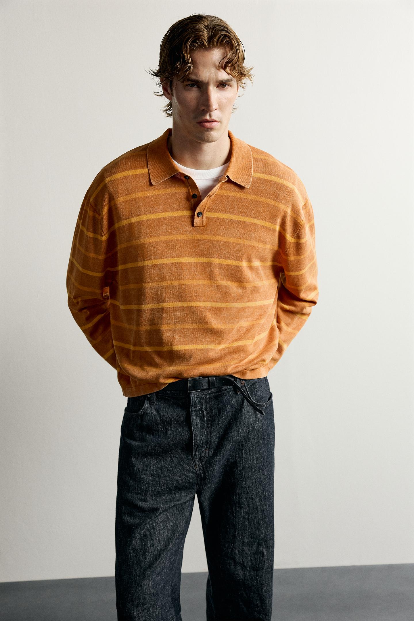 Мужское поло Zara Washed Striped Knit Polo, цвет: Оранжевый — фото 6
