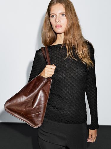 Zara Long sleeve textured 100% cotton top - Black