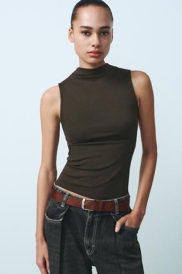 Zara COTTON MODAL TOP - Dark brown
