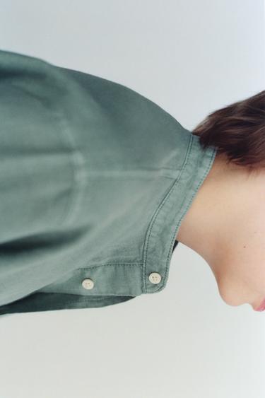 COTTON AND LINEN BLEND STAND COLLAR SHIRT - Green by Zara