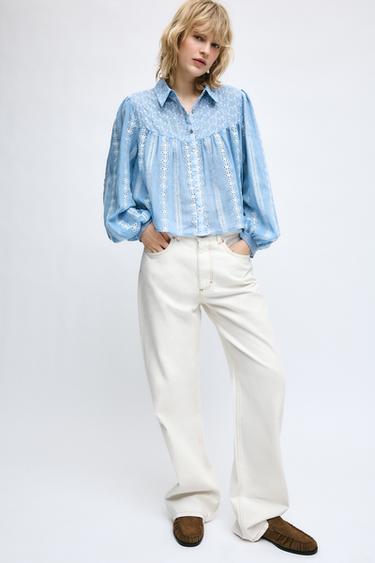 BLUSA ROMÂNTICA COM BORDADOS PERFURADOS - Azul / Branco da Zara