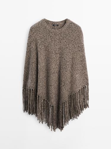Zara Wool blend mouliné knit cape with fringing - Brown marl
