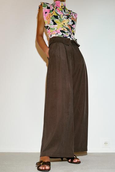 Zara PLEATED PANTS WITH FOLD-OVER WAIST - Brown