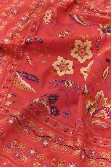 EMBROIDERED BEADED FLORAL PRINT SCARF - Red by Zara - Image 3