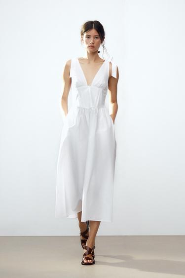 ROBE MI-LONGUE EN POPELINE AVEC NŒUDS - Blanc de Zara