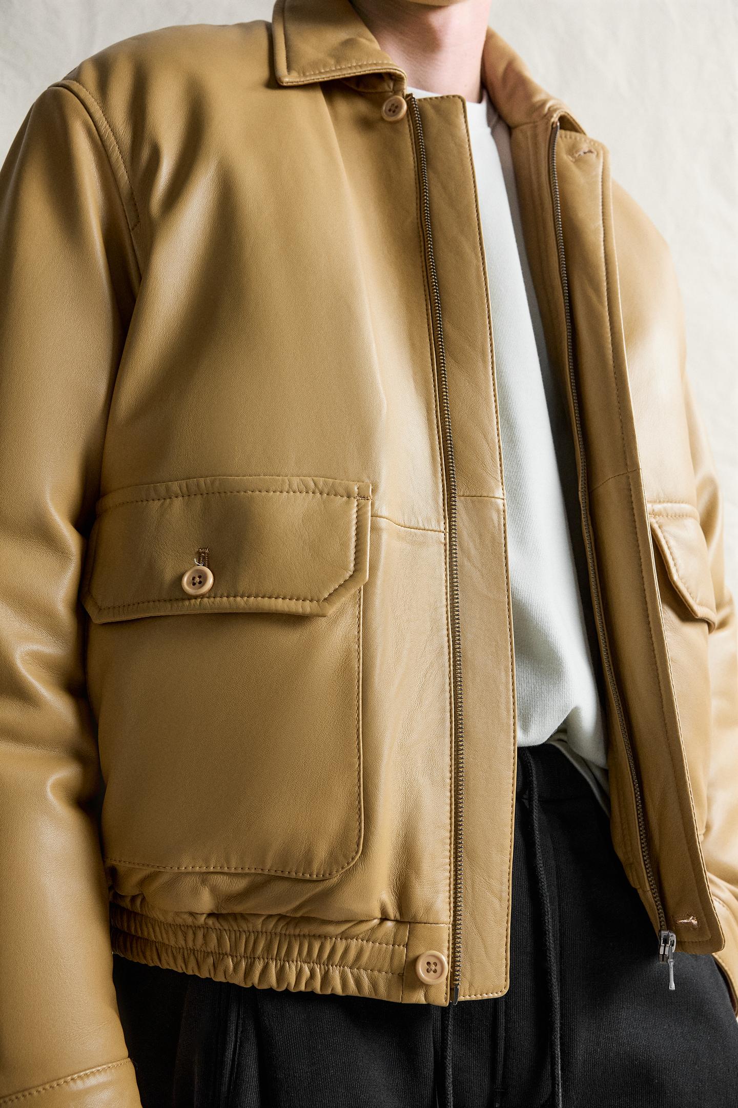 Мужская куртка Zara Relaxed-Fit Quilted Leather, цвет: Ocher — фото 5