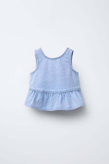 Zara RUFFLED DENIM TOP - Light blue