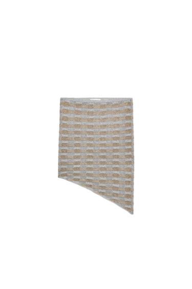 Front view of an asymmetric fitted top in gold and silver tones with a straight neckline, off-the-shoulder style, and wavy stripe design.