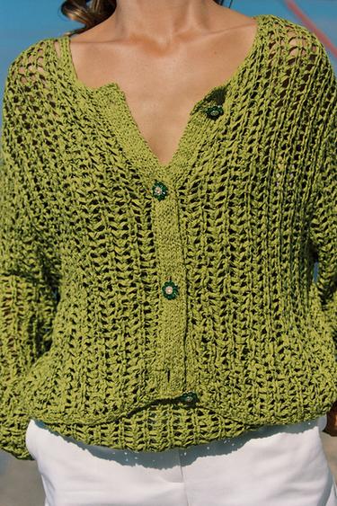 CASACO DE TRICÔ COM FITAS - Verde da Zara