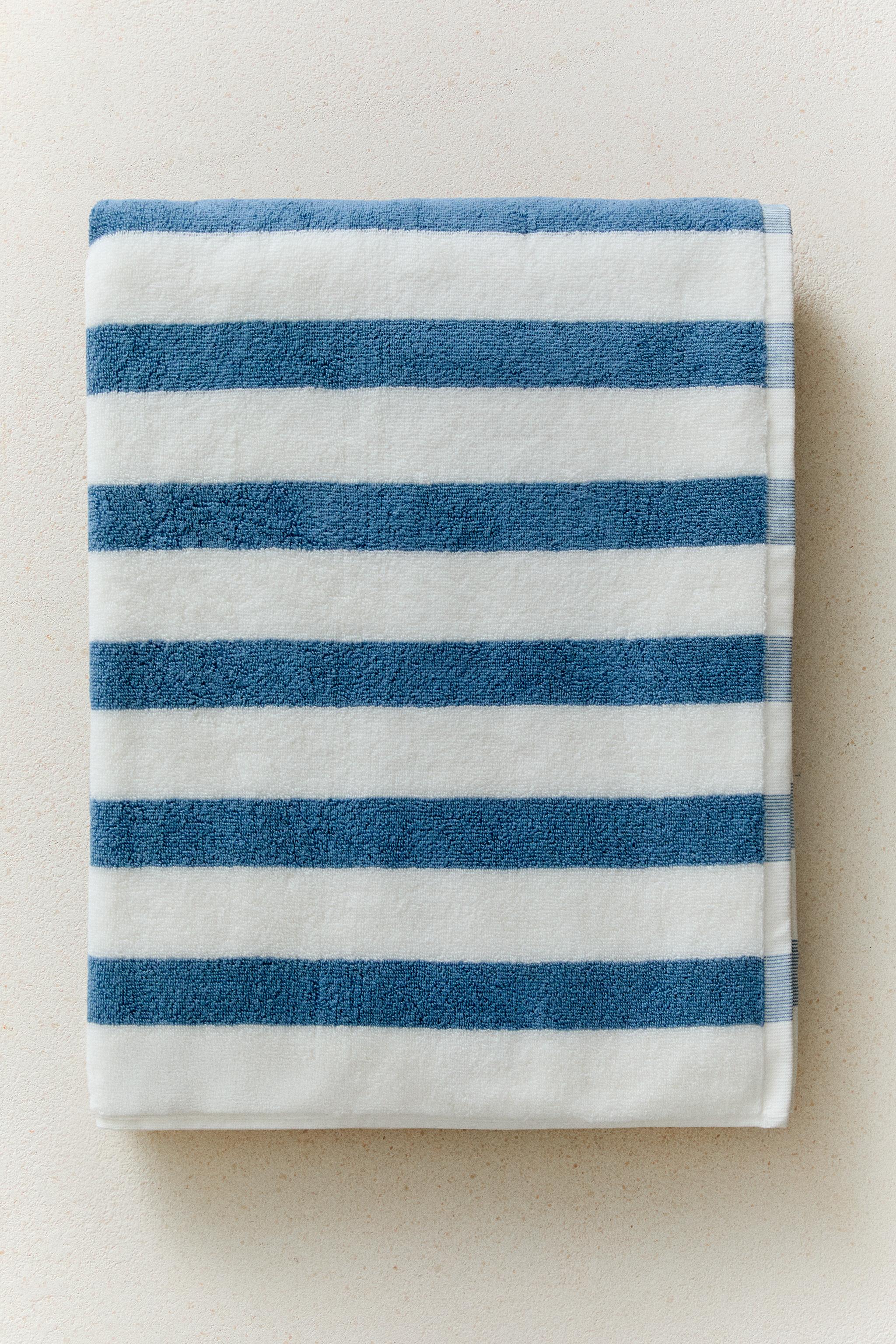WIDE STRIPE BATH TOWEL — Ecru / Blue