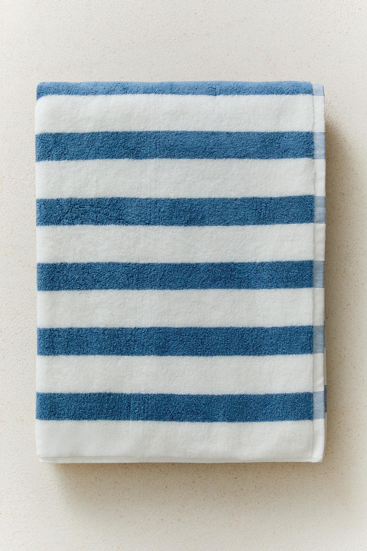 WIDE STRIPE BATH TOWEL — Ecru / Blue