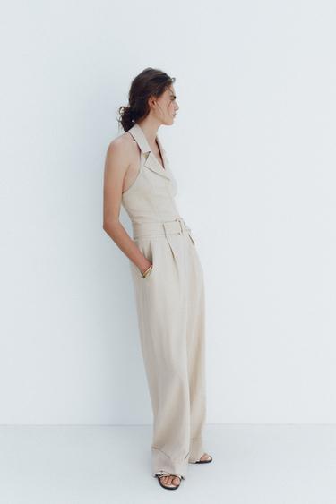 HALTER NECK LINEN BLEND JUMPSUIT - Sand by Zara - Image 3