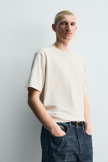 REGULAR FIT COTTON BLEND T-SHIRT - Light beige by Zara - Image 5