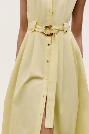POPLIN MIDI DRESS WITH BELT - Yellow by Zara - Image 4