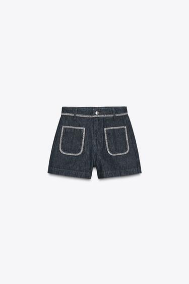 Z1975 HIGH-WAIST DENIM SHORTS WITH TOPSTITCHING - Blue by Zara - Image 4