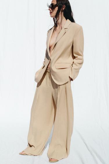 PANTALON LARGE À PINCES AVEC LIN - Marron clair de Zara - Image 5