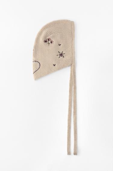 Zara EMBROIDERED KNIT HOOD - Ecru