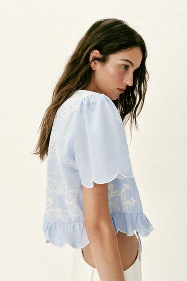 BLOUSE WITH CUTWORK EMBROIDERY AND BOWS - Light blue by Zara - Image 2