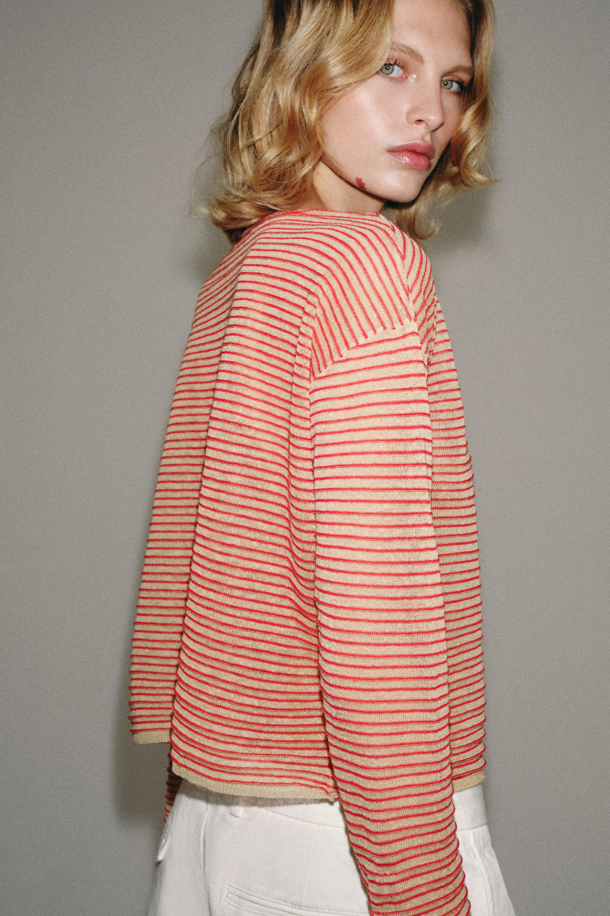 STRIPED FINE KNIT LINEN JUMPER — Ecru / Red