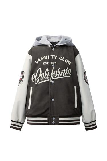 Zara HOODIE BOMBER JACKET WITH FAUX LEATHER SLEEVES - Brown - Image 0