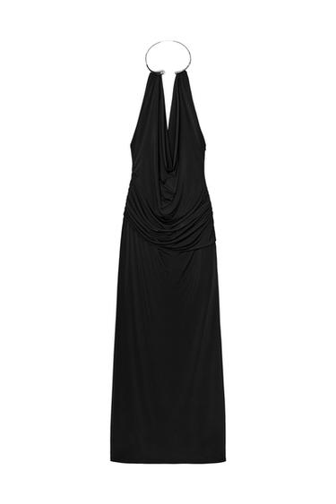 VESTIDO DRAPEADO CUELLO JOYA - Negro de Zara