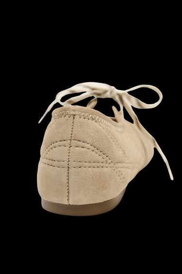 Zara SPLIT LEATHER LACE-UP BALLET FLATS - Sandy Brown