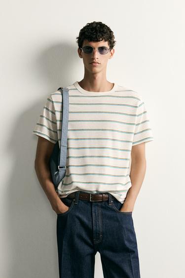 Zara STRIPED REGULAR FIT T-SHIRT - Green stripe