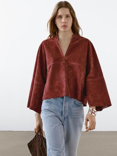Camisa ancha piel ante - Rojo de Zara