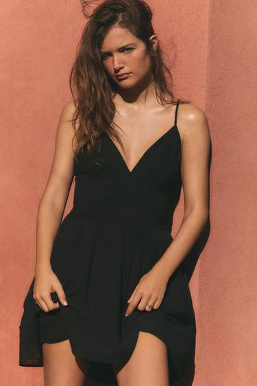 EMBROIDERED STRAPPY MINI DRESS - Black by Zara