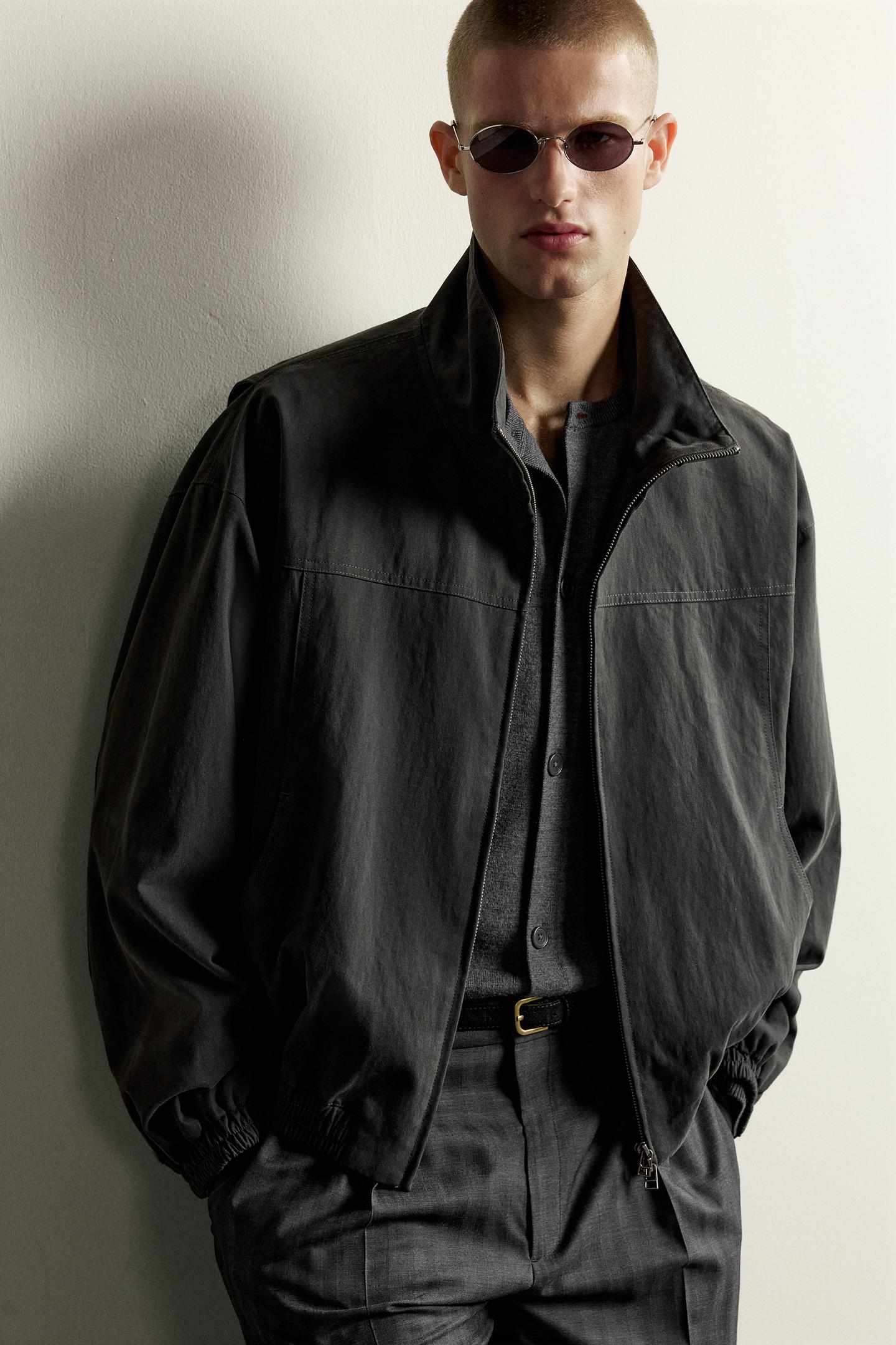Мужская куртка Zara Cropped-Fit Jacket with Elbow Patches, цвет: Антрацитовый серый — фото 5