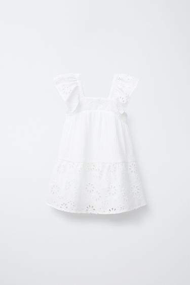 Zara EMBROIDERED FLORAL GAUZE DRESS - White