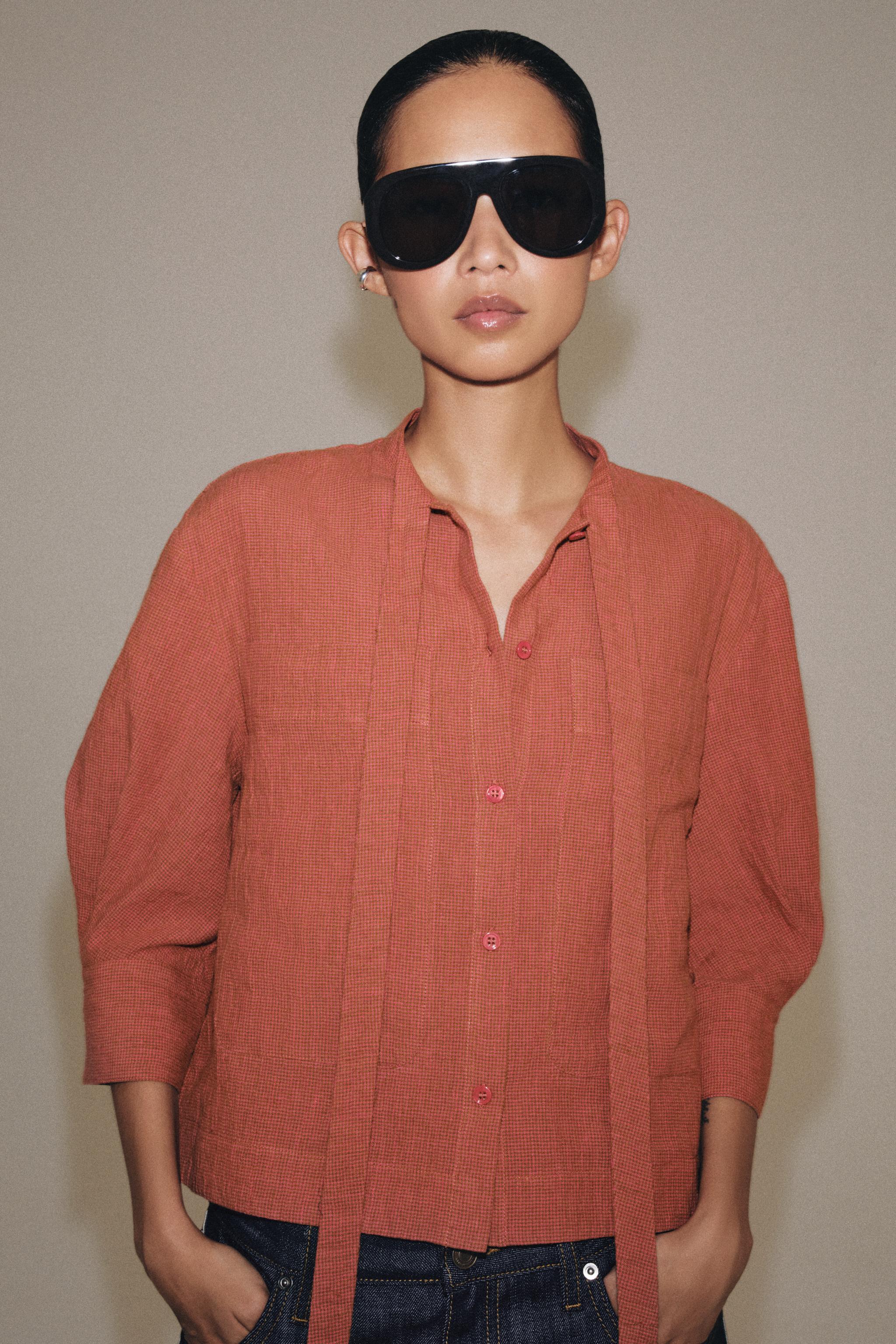 ZW COLLECTION LINEN-BLEND TIE SHIRT — Burnt orange