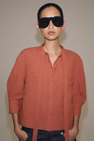 ÁO SƠ MI THẮT NƠ VẢI LINEN ZW COLLECTION - Màu cam nâu từ Zara