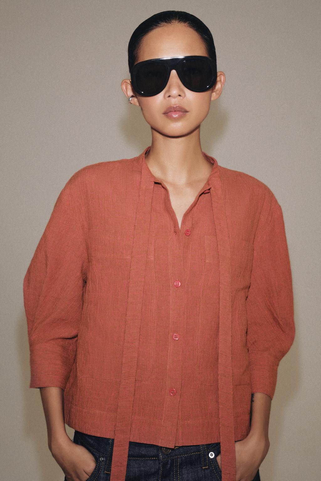 ZW COLLECTION LINEN BLEND SHIRT WITH TIE DETAIL