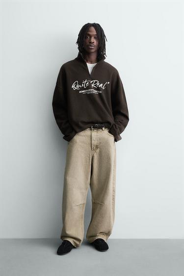 PRINTED QUARTER-ZIP SWEATSHIRT - Chocolate brown by Zara - Image 0