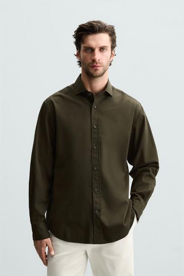 Zara COTTON - LYOCELL SHIRT - Dark khaki
