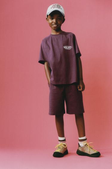 SLOGAN T-SHIRT AND BERMUDA SHORTS SET - Wine by Zara