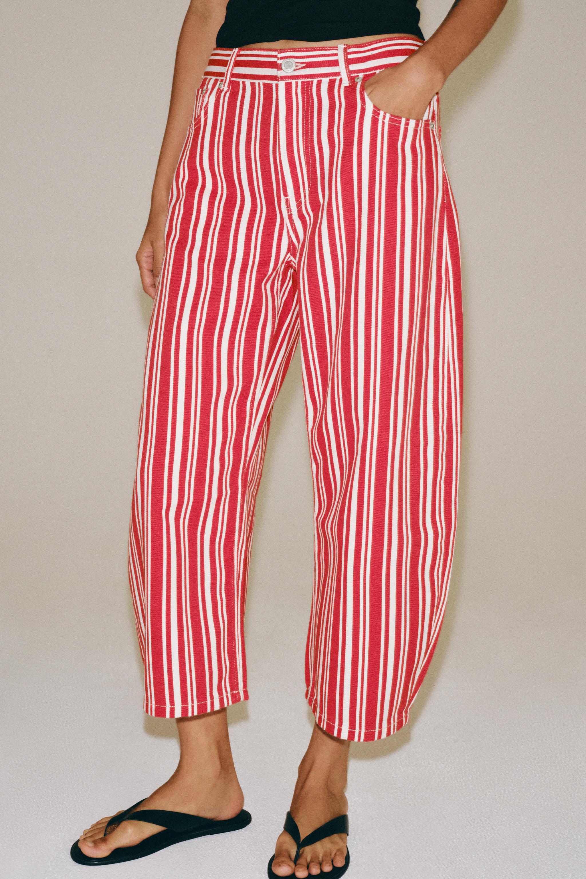 ZW COLLECTION STRIPED MID-RISE BALLOON CAPRI JEANS — White / Red