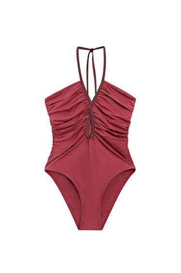 Swimsuit with contrast gathered detail — Pink 1
