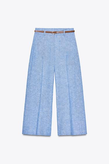 Zara LINEN BELTED CULOTTES - Light blue
