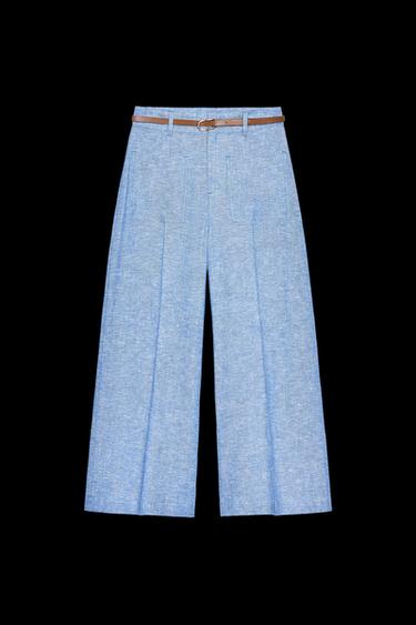 Zara LINEN BELTED CULOTTES - Light blue - Image 0