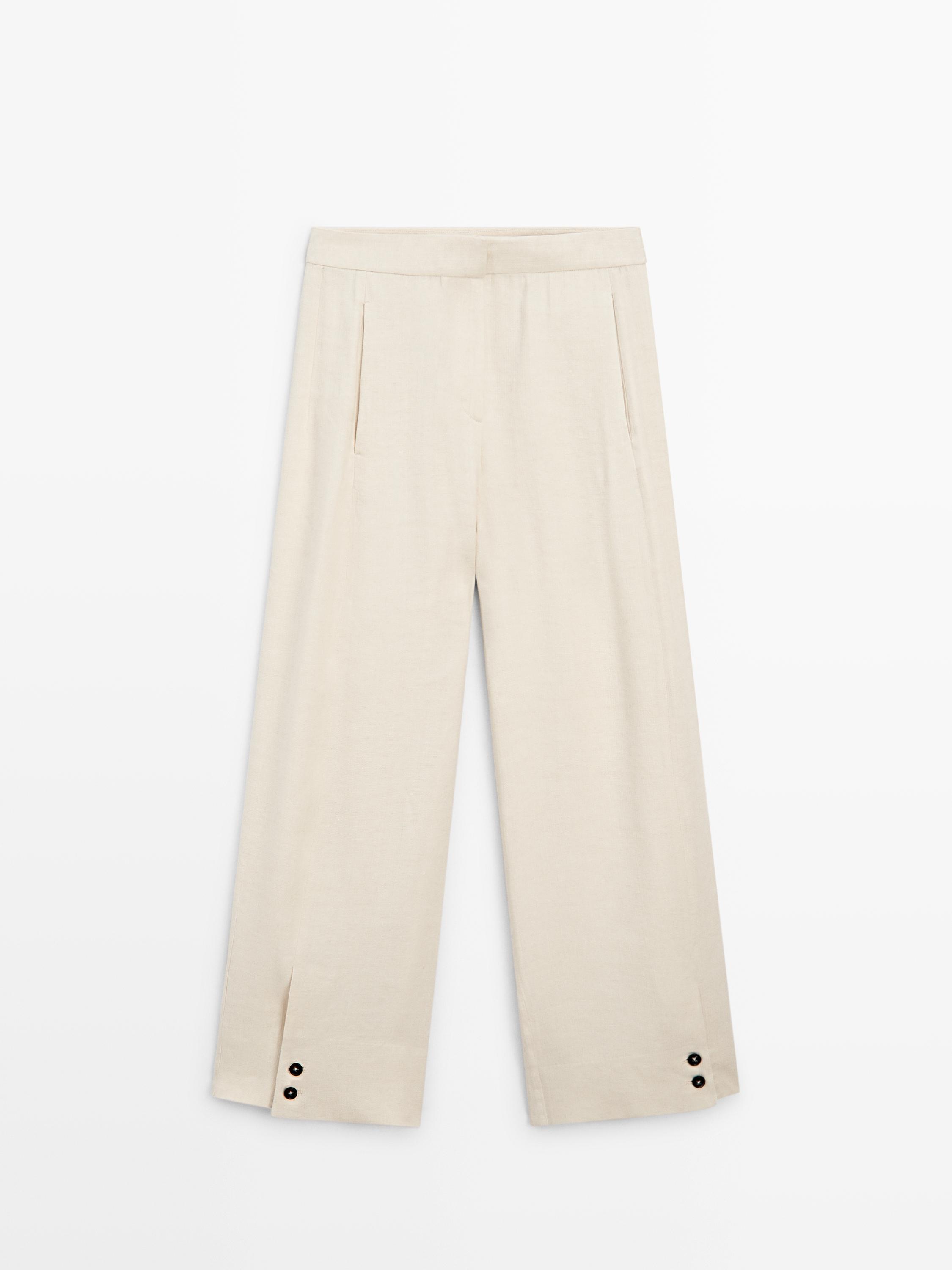 Linen blend suit trousers with button detail — Ecru