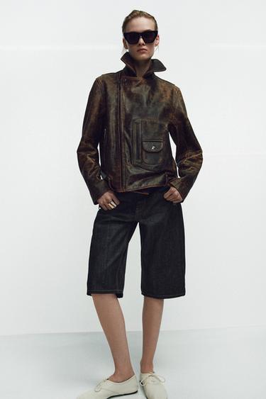 JAQUETA BIKER 100% COURO ZW COLLECTION LIMITED EDITION - Marrom da Zara
