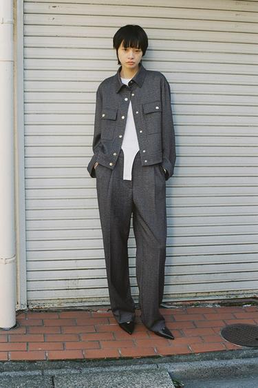 HERRINGBONE STRAIGHT-LEG TROUSERS - Grey by Zara