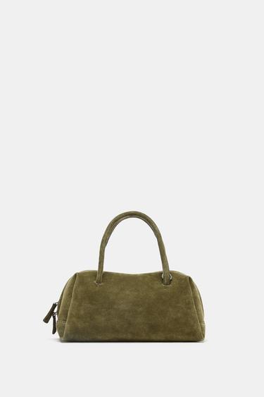 Zara SPLIT LEATHER BOWLING BAG - Khaki Green - Image 0