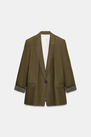 LINEN BLEND BLAZER WITH ROLLED-UP SLEEVES - Dark khaki by Zara