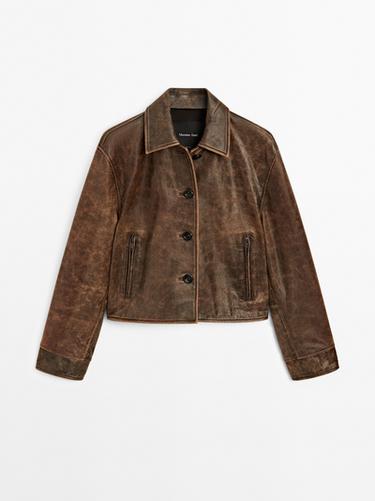 Chaqueta corta efecto desgastado piel napa - Marrón de Zara - Imagen 0